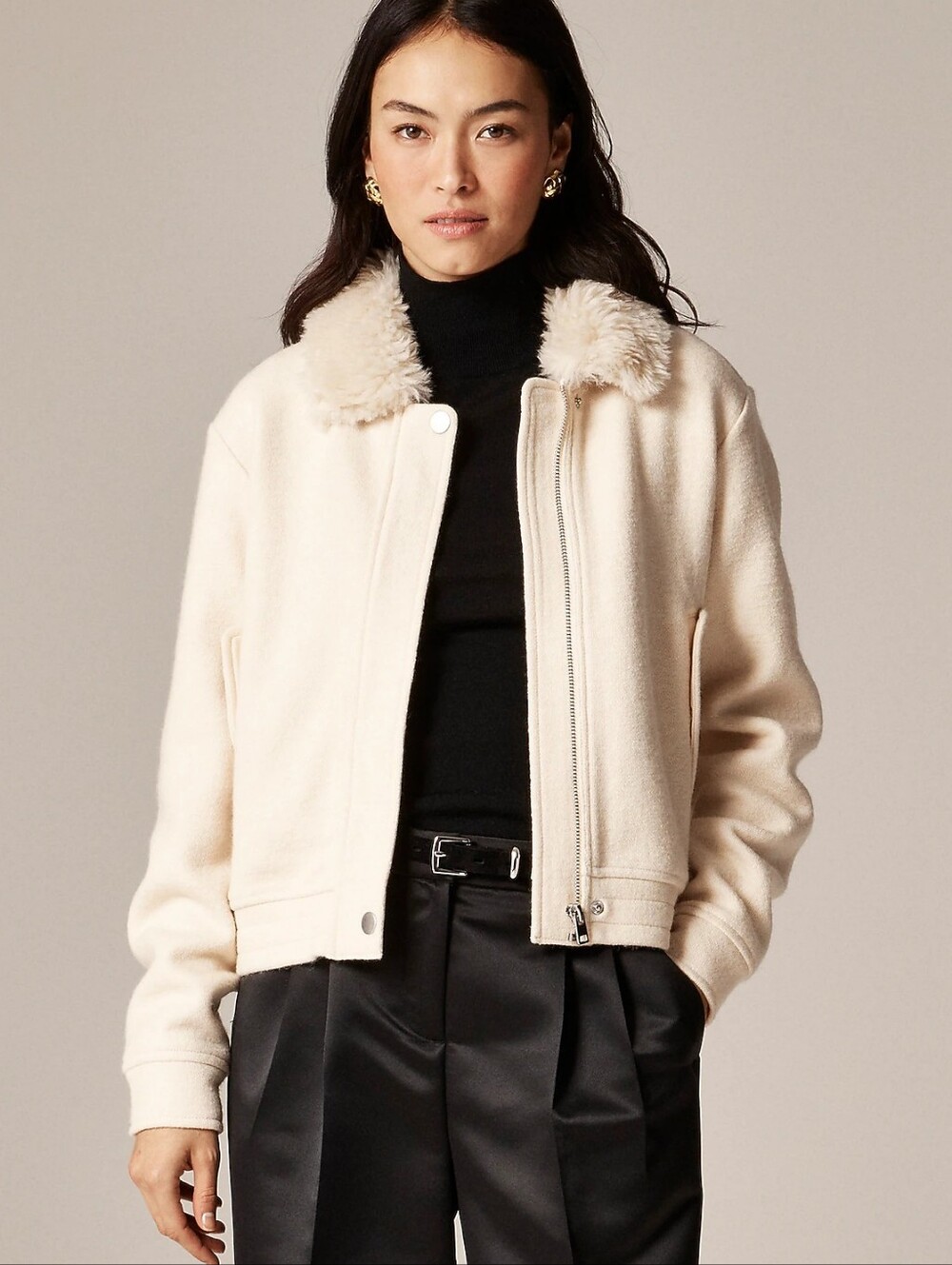 NWT J. Crew Wool-Blend Flight Jacket with Faux-Fur Collar